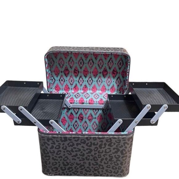 Western Aztec Print Cosmetic Case Womens Leopard Tiered Makeup Storage Brand New - Picture 1 of 5